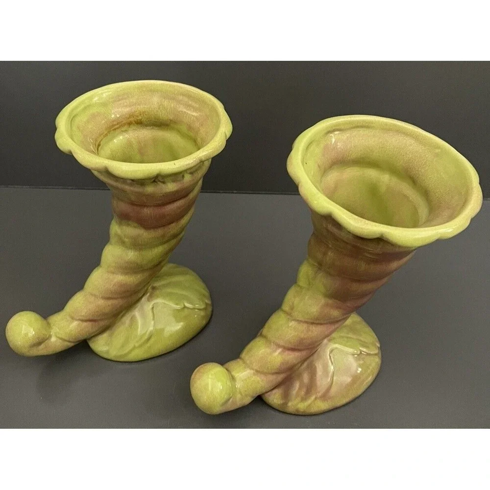 2 Vases West Coast Pottery California 210 Cornucopia Horn Vase Art Deco Vintage